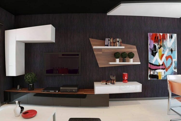 TV-Möbel für Wohnzimmer -wohnzimmer-design-modern-hochglanz-schwraz-weiss-bild-bunt-wandregale-wandgestaltung