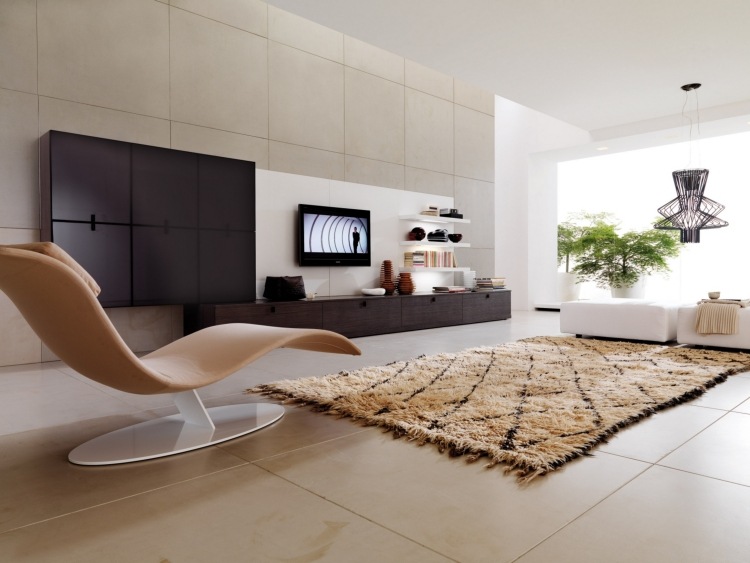 TV-Möbel für Wohnzimmer -wohnzimmer-design-modern-raumgestaltung-weiss-beige-teppich-liege-designerleuchte