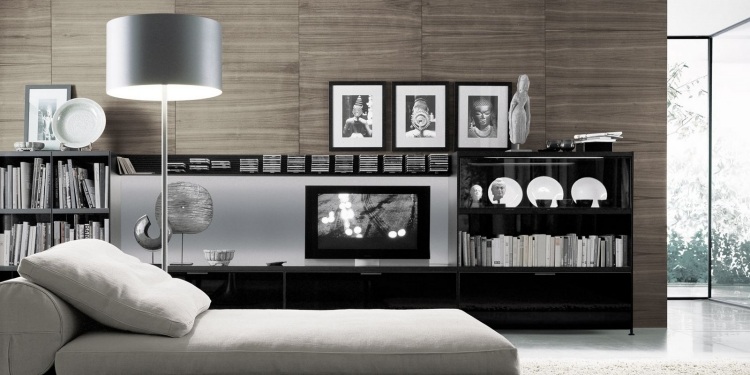 TV-Möbel für Wohnzimmer -design-modern-schwarz-holchglanz-wandgestaltung-holzoptik-tagesbett-stehleuchte