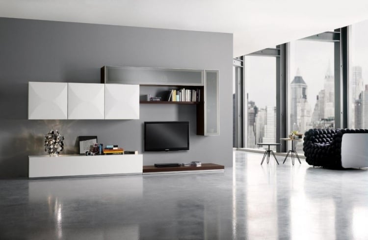 TV-Möbel für Wohnzimmer -design-modern-weiss-minimalistsich-loft-wandfarbe-grau-sessel
