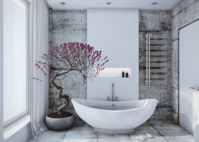wohnideen für badezimmer grau fliesen shabby stil bonsai wanne