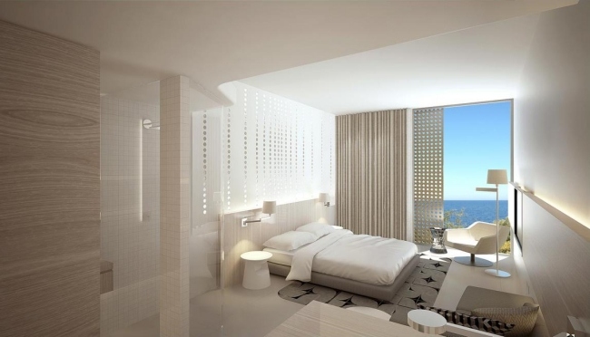 wohnideen schlafzimmer design minimalistisch beige meerblick glastür