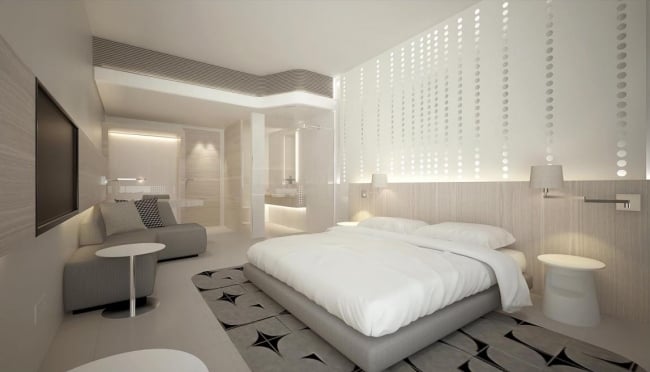 wohnideen schlafzimmer design minimalistisch grau glaswand punkte