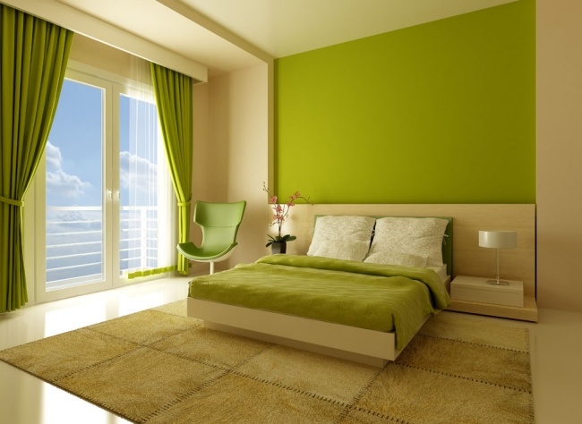 wohnideen schlafzimmer design minimalistisch limettengrün teppich quadratisch