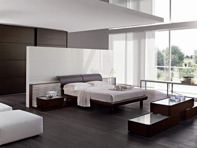 wohnideen für schlafzimmer design minimalistisch schwarz weiß glanzoberfläche