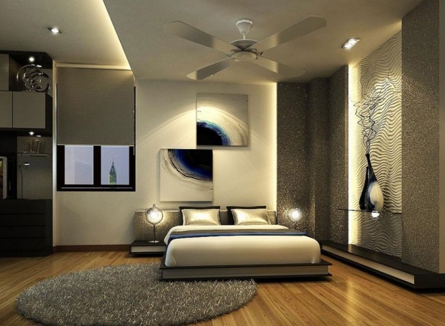 wohnideen schlafzimmer design modern beige glitzer blaue dekoelemente