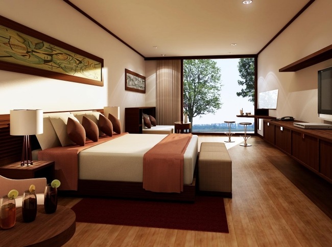 wohnideen schlafzimmer design modern braun holzboden panoramafenster