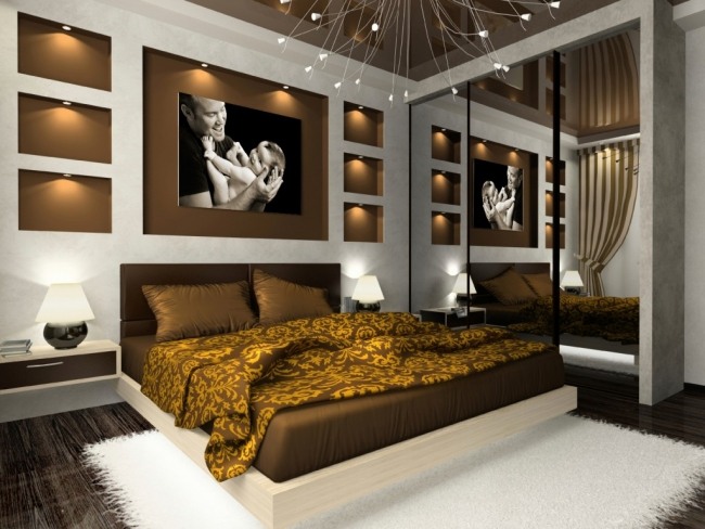 wohnideen schlafzimmer design modern braun wandlichter eingebaut