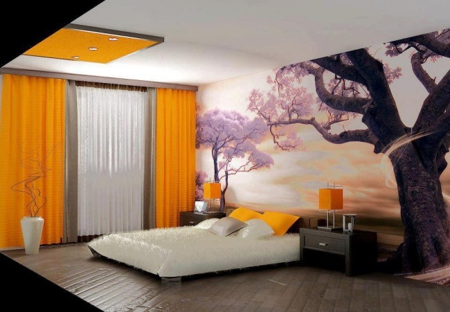 wohnideen schlafzimmer design modern gelbe akzente japanische wanddeko