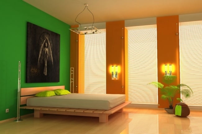 wohnideen schlafzimmer design modern grün gelb holzbett