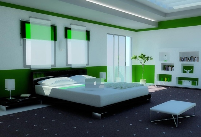 wohnideen schlafzimmer design modern grüne akzente teppich grau