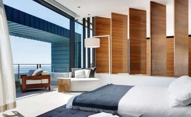 wohnideen schlafzimmer design modern marine blau holz paneele