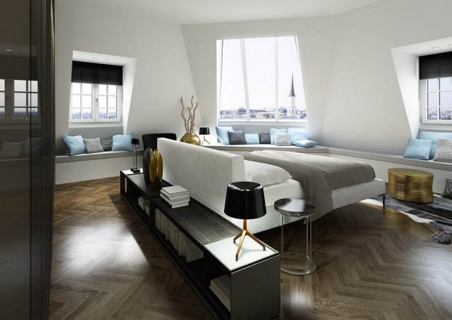 wohnideen schlafzimmer design modern neutrale farben parkett boden