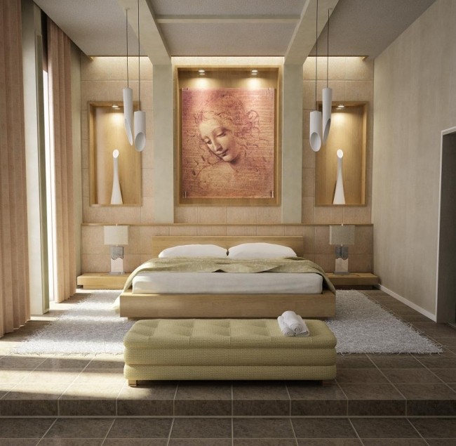 wohnideen schlafzimmer design modern pastellfarben gemälde wanddeko