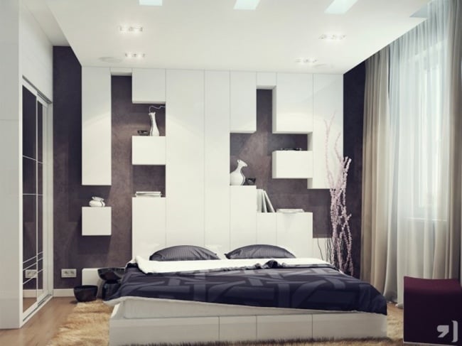 wohnideen für schlafzimmer design modern schwarz weiß wandregal eingebaut