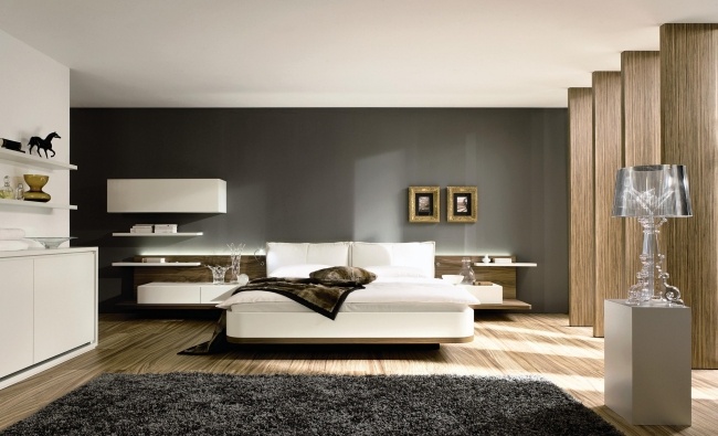 wohnideen für schlafzimmer design modern weiß grau schwarzer teppich