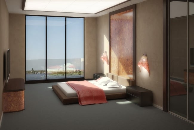 wohnideen für schlafzimmer design modern zartrosa fensterwand ausblick