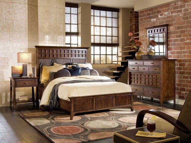wohnideen für schlafzimmer design rustikal braune töne teppich kreise