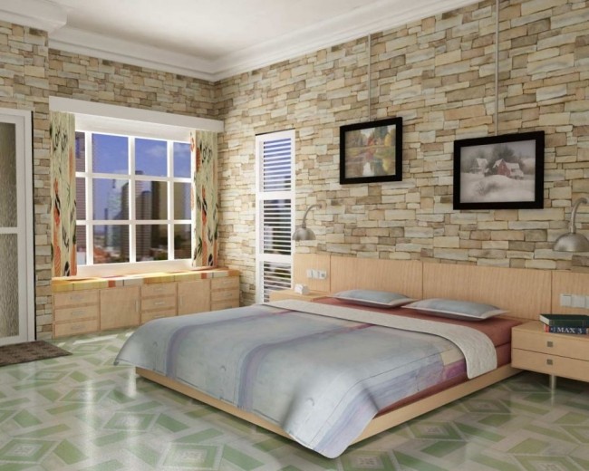 wohnideen für schlafzimmer design rustikal pastell farben steinwand
