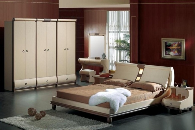 wohnideen schlafzimmer designs klassisch beige holzwand warme farben