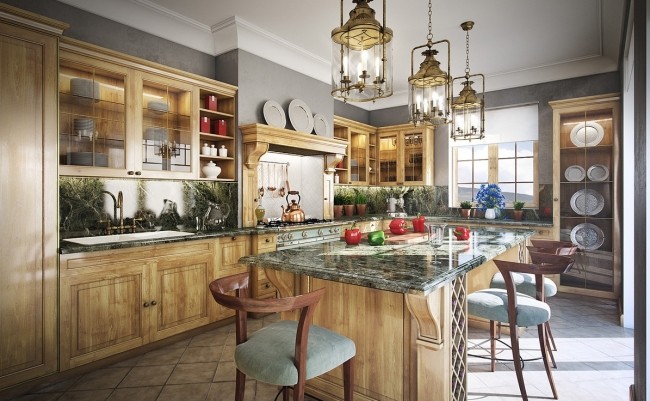 wohnideen küche französisch landhaus stil eiche holz granit arbeitsplatte