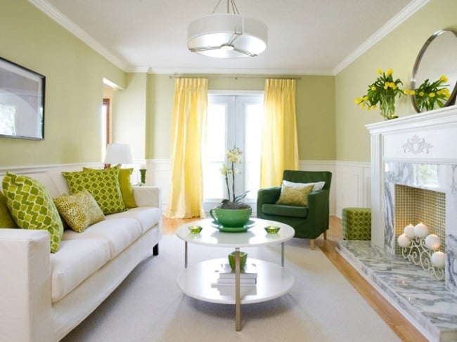 wohnzimmer farbe grün weiß frisch kamin gelbe gardinen