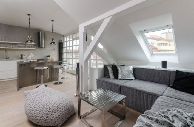 wohnzimmer mit küche grau metall oberflächen skandinavisch
