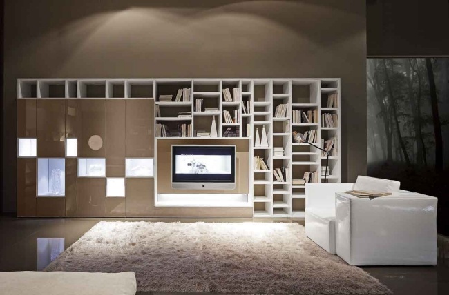 Bücherregal modern-weiß Holz-asymmetrisch Sessel bequem