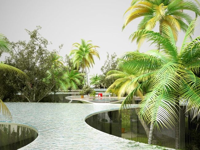 Dachterrasse Eingebettet-Pool Palmen-Modernes Haus-futuristisch Design