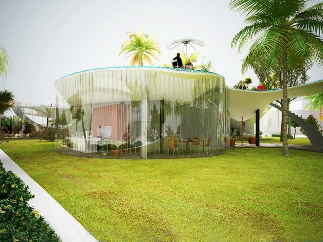 Gründach Exklusives-Haus Poolhaus-Palmengarten anbauen