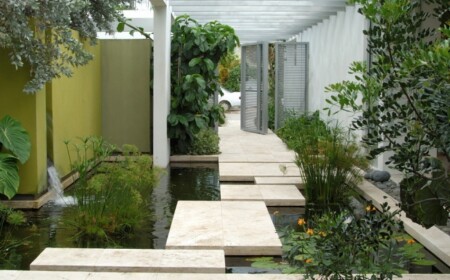 Haus Garten-Tor Laubengang-Teich Trittsteine Wassergarten anlegen