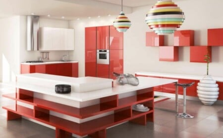 Hochglanz Küche rot weiß Retro Lampe Gestaltungsideen