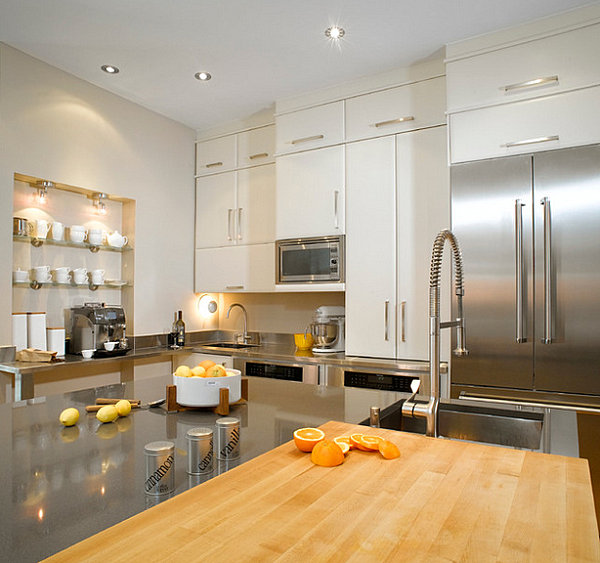 Küche design Edelstahl geräte armaturen holzplatte weiße oberschränke