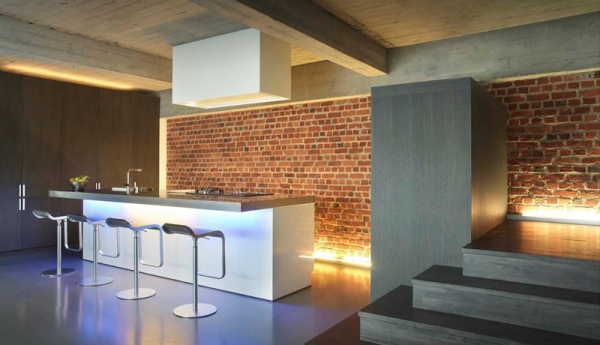 Küchen Einrichtung Wandgestaltung-Ziegelmauer Beleuchtung Boden