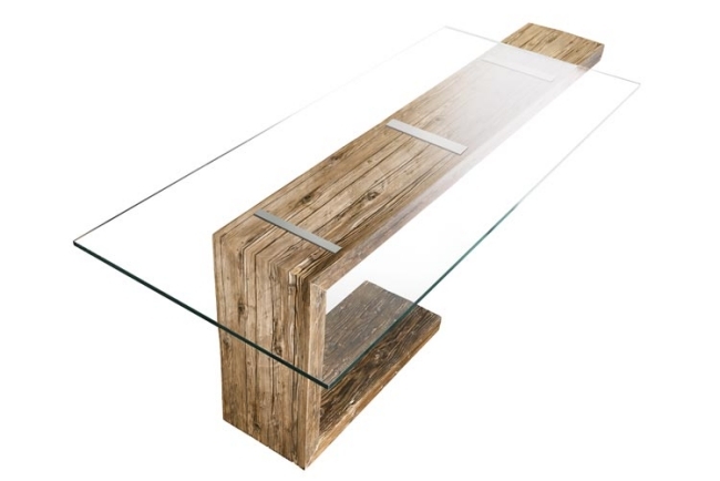 Moderner Tisch Holzfuß Glastischplatte Design