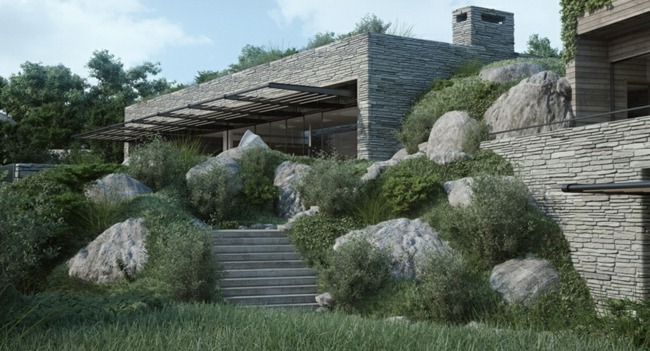 moderne Architektur Traumvilla Korsika Steingarten