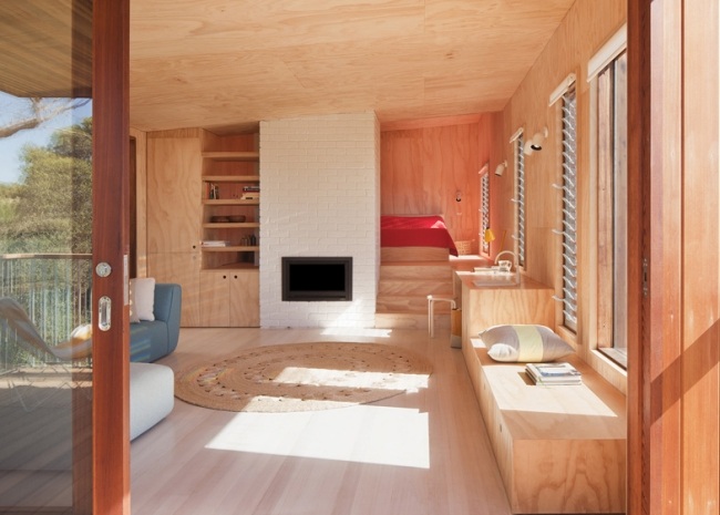 Pavillon-Modernes Glashaus Holzwand Verkleidung-platzsparende Möbel Innendesign