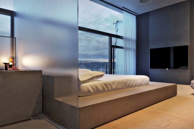 Schlafzimmer Trennwand-Matt Glas 3d-Projekt Holzbett