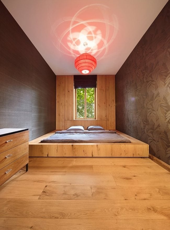 Schlafzimmer Einrichtung Holz Verkleidungen-Bett Japanischer Stil
