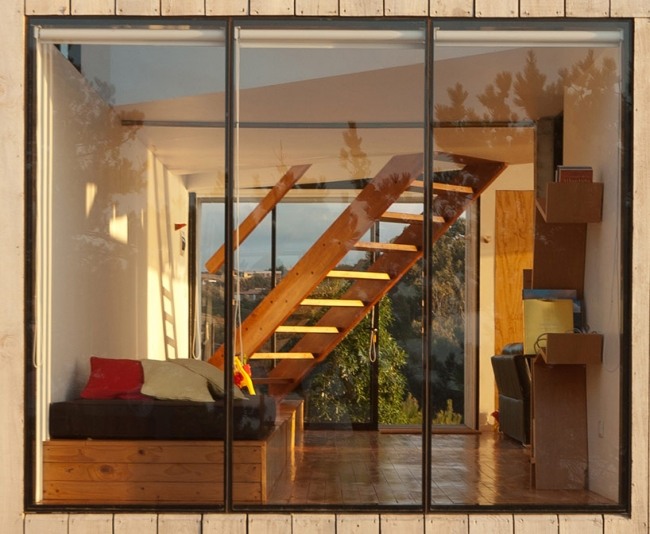 Verglaste Fassade-D House-Chile Holztreppe Panorama