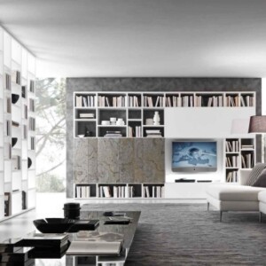 Wandgestaltung Wohnzimmer-Bücher Regale-Weiß italienisches Design Presotto