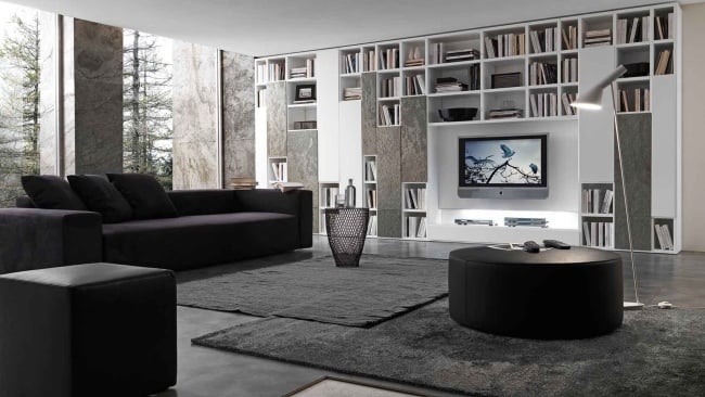 Wohnzimmer Regale Wandboard System-Sofa Set-Rund Tisch Teppiche