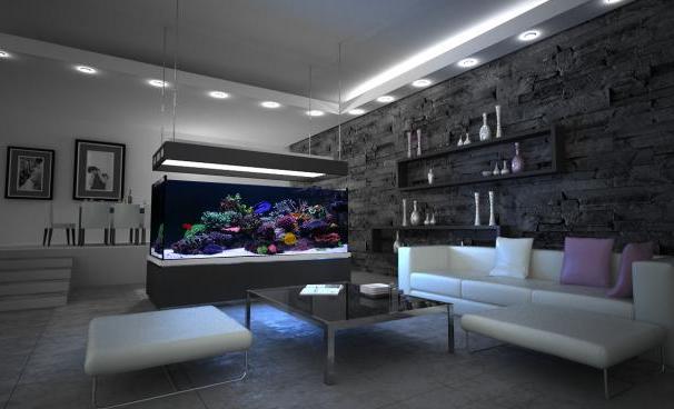 aquarium wohnzimmer schwarz weiße einrichtung