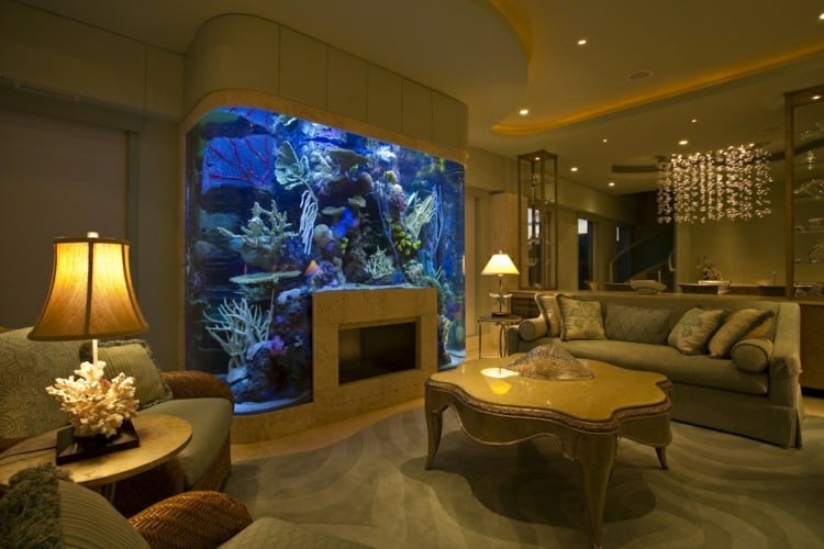 aquarium ideen abgerundet design kamin idee korallen wohnzimmer