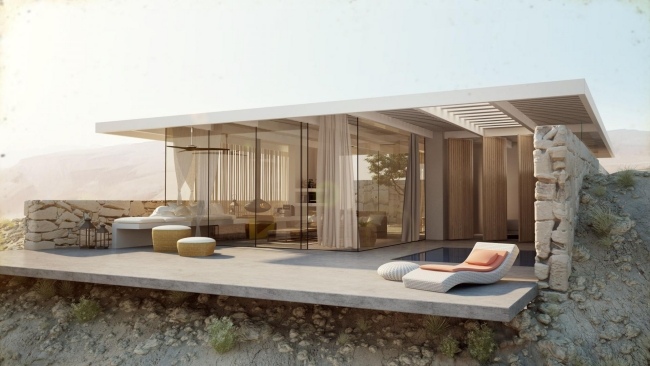 architekturvisualisierung 3d villa wüste glas terrassentüren