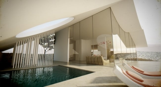 architekturvisualisierung moderne villa pool sonnenliegen