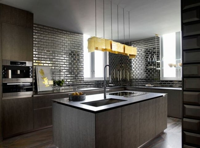 Küchen Gestaltung Kochinsel Metall Fliesen Küchenrückwand