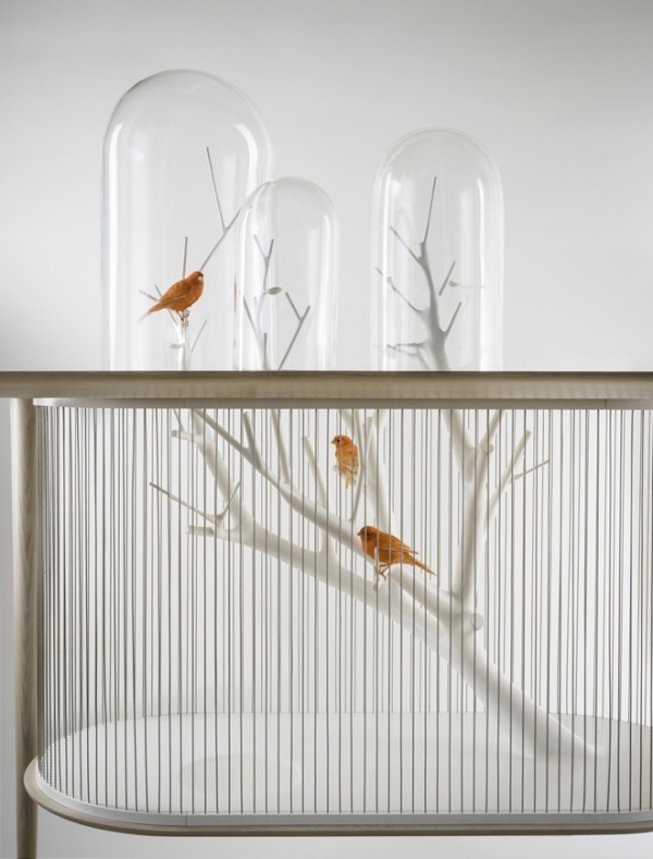 glas sphären archibird designer tisch mit vogelkäfig