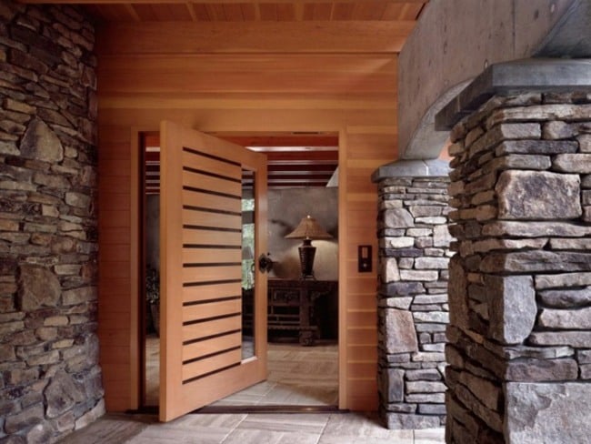 Holz Glas Natursteinplatten Haus Eingang