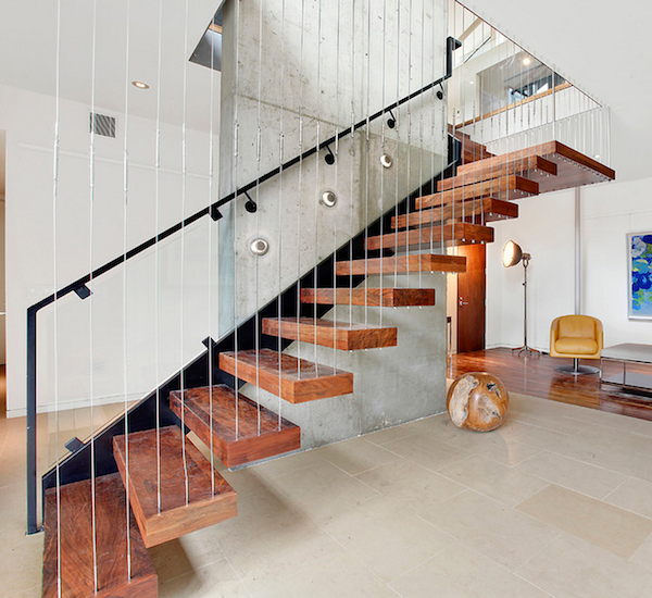 moderne treppe holz stufen stahlseilen harfentreppe